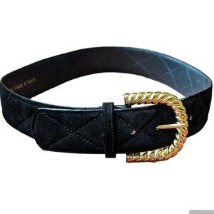 Vintage Sostanza Belt Buckle Pig Suede Gold Tone Twisted Rope Black Quilted 80’s